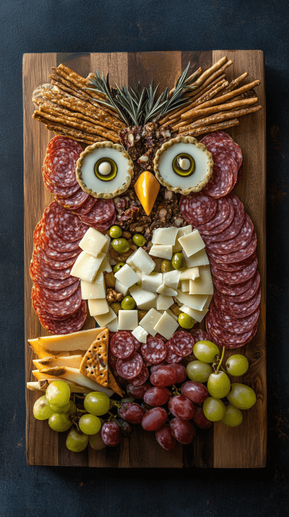 A wooden charcuterie board arranged to resemble an owl for a whimsical fall-themed display. The owl’s round body is formed using a large cheese wheel, such as brie or gouda, as the center. Thin slices of meats like prosciutto or salami are fanned out around the sides to mimic the owl’s wings. For the face, two round cheese slices or crackers serve as the large eyes, with small olives or grapes placed in the center for the pupils. A small triangle of cheese or a nut is used for the owl’s beak, and thin breadsticks or pretzel rods create the talons. Scattered fruits, such as grapes and apple slices, surround the owl’s body to complete the board, giving it a playful yet festive look for fall. 