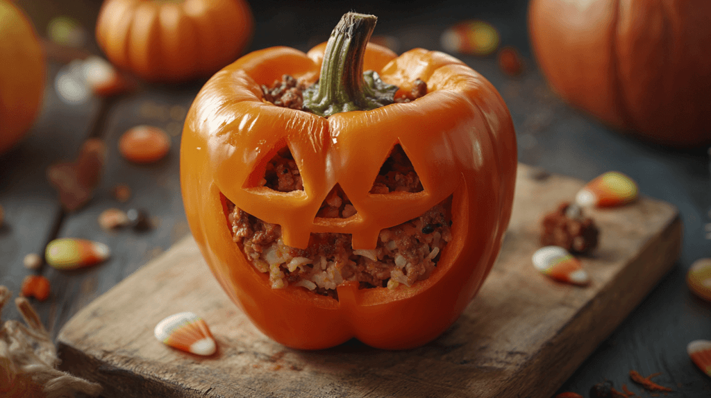 A carved orange bell pepper with a jack-o'-lantern face sits on a rustic wooden board. There is a visible knife cut near the top of the pepper, showing where the top was removed, the pepper stuffed with a savory mixture of rice and ground beef, and the top replaced slightly askew. The scene is surrounded by small Halloween decorations like mini pumpkins and plastic bats, creating a festive atmosphere.