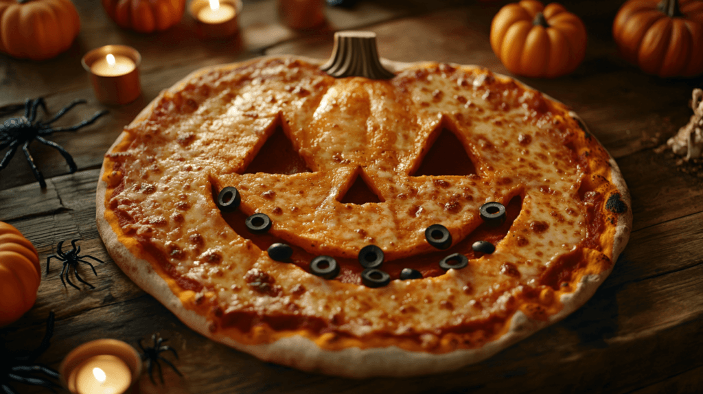 A pumpkin-shaped pizza with melted orange cheese covering the surface, topped with black olive slices arranged as eyes, a triangle nose, and a smiling jack-o'-lantern mouth. The pizza sits on a rustic wooden table surrounded by Halloween-themed decorations like small pumpkins, plastic spiders, and flickering candles to create a festive, spooky atmosphere. 