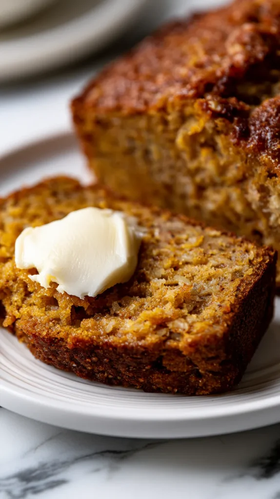 pumpkin banana bread with pat of butter