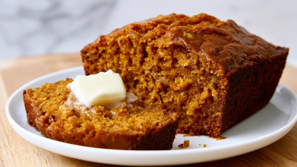 hyper-realistic close-up photo of a thick slice of pumpkin banana bread, moist deep orange-brown crumb with tiny banana flecks, lightly golden crust, a small pale ivory butter pat gently melting at the edges, soft buttery sheen soaking slightly into the warm surface, a few delicate crumbs nearby, served on a simple white plate, crisp bright studio white lighting, minimal shadows, photographed on a solid light wooden kitchen counter with a light gray marble backsplash softly blurred in the background, cozy fall food photography, realistic texture, true-to-scale food, eye-level to slightly overhead perspective, clean neutral styling, no text, no logos, no packaging