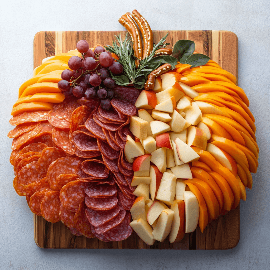 pumpkin-shaped Thanksgiving charcuterie board display