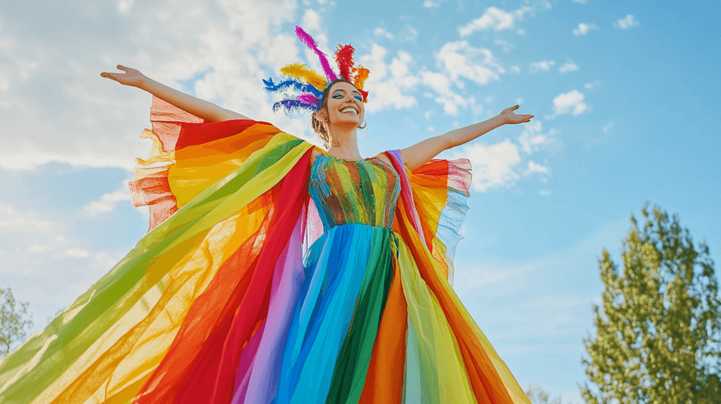 A vibrant and whimsical DIY Halloween costume for women, featuring one woman dressed as a rainbow. She wears a bright, multicolored outfit with fabric strips in red, orange, yellow, green, blue, and purple draped over her clothes. She’s standing outdoors under a sunny sky, with a playful, cheerful expression, evoking a lighthearted and fun Halloween vibe.