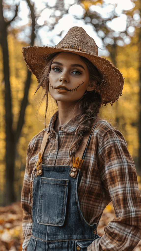 photo of a A fun and creative DIY Halloween costume for women, featuring one woman dressed as a scarecrow. She wears a plaid shirt, overalls, a floppy hat, and straw poking out from her sleeves and pockets. Her makeup includes simple stitched features on her face. She stands outdoors, surrounded by autumn leaves, with a light-hearted and festive Halloween atmosphere.