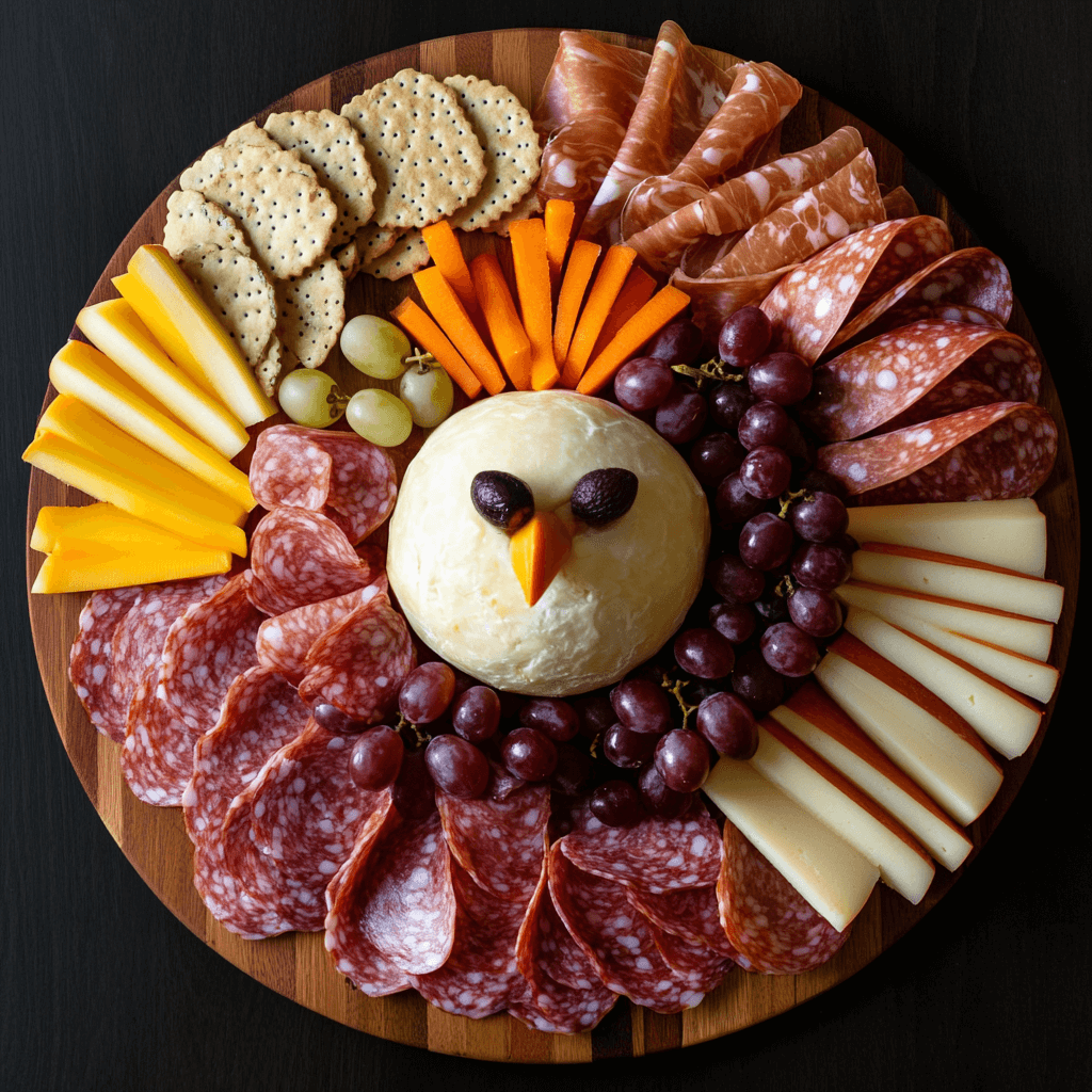 A circular wooden charcuterie board carefully arranged to form the shape of a turkey for a festive Thanksgiving display. At the center, a round cheese ball serves as the turkey’s body, surrounded by layers of neatly fanned-out meats like turkey slices, salami, and prosciutto, representing the turkey's feathers. Alternating between the layers of meat are slices of cheddar, gouda, and brie, adding texture and color. The turkey’s face is created with small black olives for eyes and a small piece of carrot for the beak. Colorful fall fruits, like grapes and apple slices, are tucked between the meats and cheeses, while crackers and nuts are placed along the outer rim, giving the board a full and festive look.