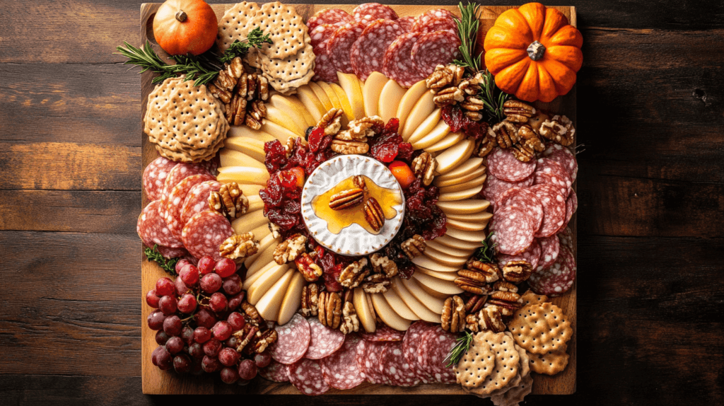 square wooden board with food neatly arranged for serving