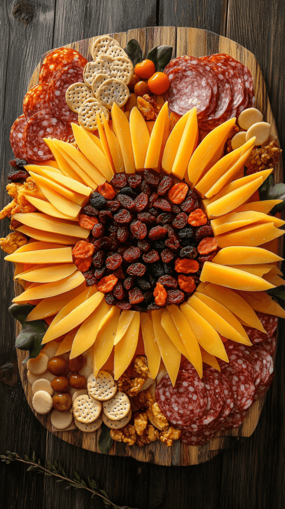 A wooden charcuterie board arranged to resemble a sunflower for a vibrant fall display. The center of the sunflower is made using a circular arrangement of dark cheeses like aged gouda or a mix of nuts and dried fruits such as raisins and dates. The sunflower petals are formed by fanning out bright yellow cheese slices, such as cheddar or gouda, radiating outward in neat layers. Around the edges, thin slices of meats like prosciutto or salami are arranged to frame the sunflower petals. Small clusters of crackers and breadsticks are placed around the outer rim of the board, completing the sunflower shape. No real flowers are used, but the arrangement of cheeses, meats, and fruits creates the vivid appearance of a sunflower.