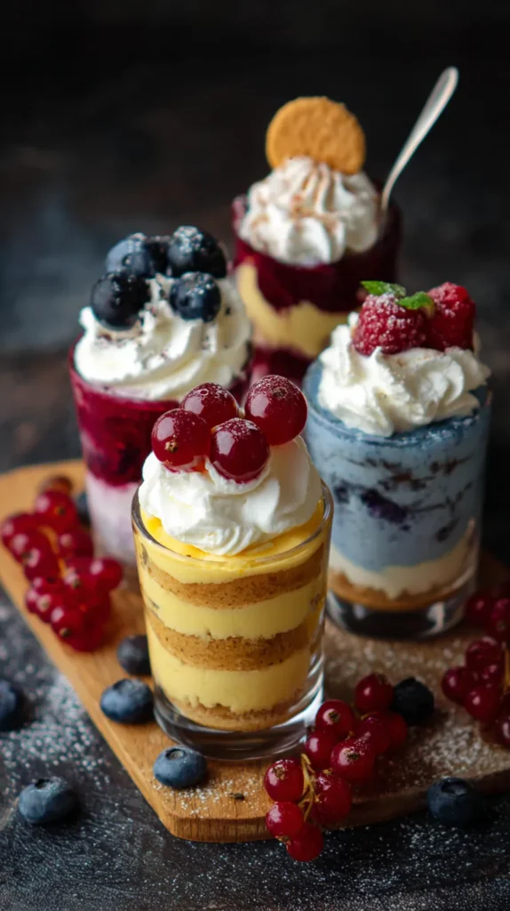 mini dessert cups in glass mini cups, moody setting, fruit, whipped cream