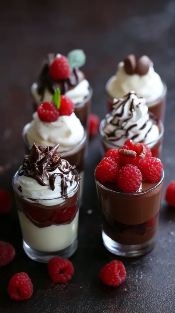 mini dessert cups in glass mini cups, chocolate, fruit, cream