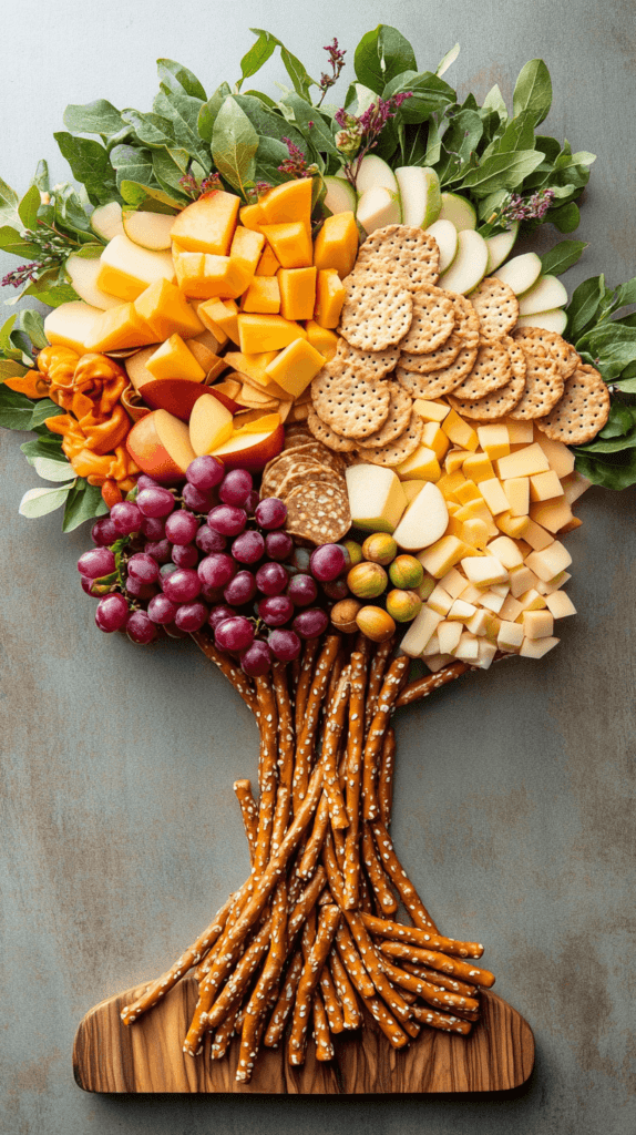 A wooden charcuterie board arranged to resemble a tree with no actual leaves or whole fruits. The tree’s trunk and branches are formed entirely with breadsticks or pretzel rods, giving the impression of a tree. Instead of real leaves, slices of cheeses like cheddar and brie are used to represent foliage on the branches. Small pieces of cut fruits like apple slices and grapes, chopped into smaller bits, are scattered around the tree to suggest falling leaves, without including whole apples or actual leaves. Mixed nuts and crackers are placed around the tree to add texture, completing the fall-themed display with only edible ingredients mimicking the look of leaves.