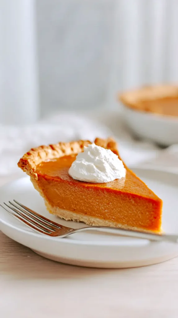 pumpkin pie slice on a white plate with whipped cream