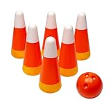 Fun Express Candy Corn and Pumpkin Bowling Set - 7 Pieces Includes 6 Pins, 1 Ball - Great for Fall Festivals, Halloween and Other Seasonal Events