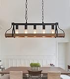 MEIXISUE Rustic Kitchen Island Dining Room Light Fixture Farmhouse Linear Chandelier Black and Retro Wood Finish 5-Light Industrial Metal Hanging Pendant Light UL Listed L33.5 W10.6