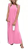 GRECERELLE Womens Summer Casual Loose Split Long Maxi Sun Dress with Pockets (Small, Rose Red)