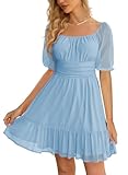 Wenrine Womens Puff Short Sleeve Mini Dress Mesh Square Neck High Waist Ruffle Hem Flowy Party A Line Dress Light Blue