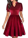 Red Velvet Dress for Women Christmas Holiday Short Puff Sleeve Vintage Semi-Formal Fit and Flare Modest Cocktail Church Office Business Dresses with Pockets L