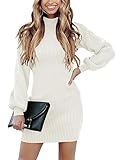 ANRABESS Women Long Sleeve Turtle Mock Neck Rib Knit Stretch Slim Fitted Bodycon Sweater Mini Short Dress 2024 Fall Outfits White Small