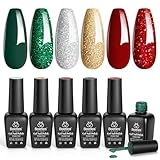 Beetles Gel Nail Polish Set, Sparkle Green Glitter Gold Silver Gel Polish Dark Green Dark Red Gel Polish Kits Soak Off Nail Lamp Uv LED Cured for Nail Art Design for Women