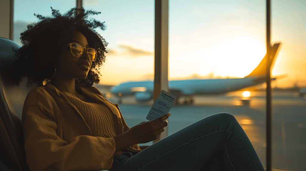 Realistic photo of a woman seated by an airport window, holding her boarding pass with a plane visible outside in the background, capturing a sense of excitement. travel photography ideas

