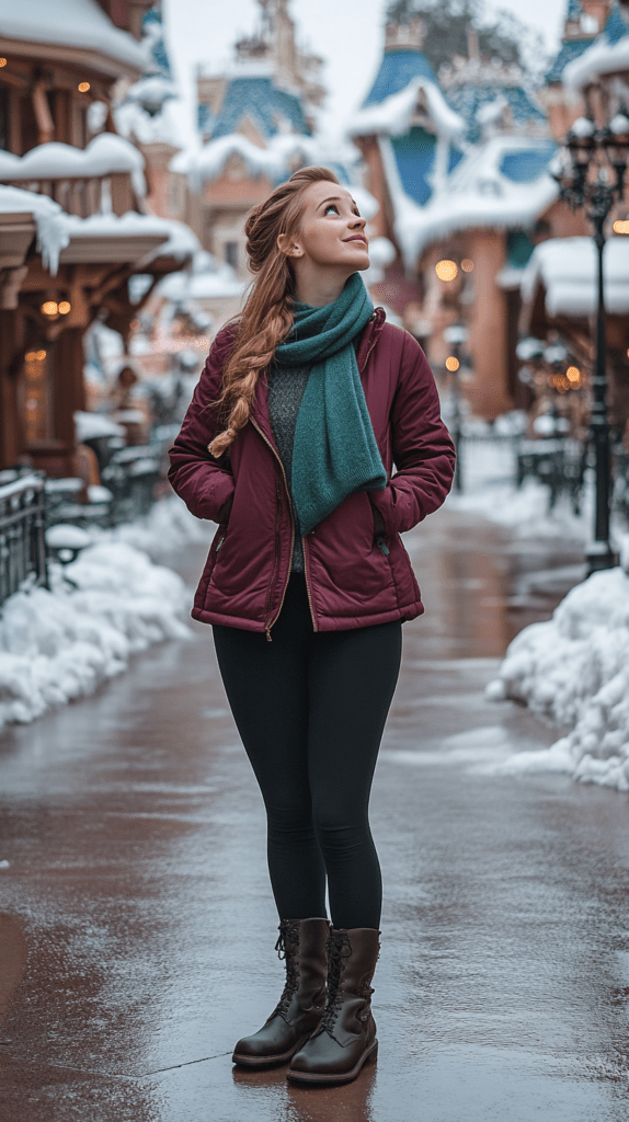 Realistic photo of a woman at Disney parks, Disney bounding as Anna. She wears a burgundy jacket, black leggings, boots, and a green scarf. She is standing on the path leading to Arendelle, with snow-topped roofs and snowy decorations in the distance. 