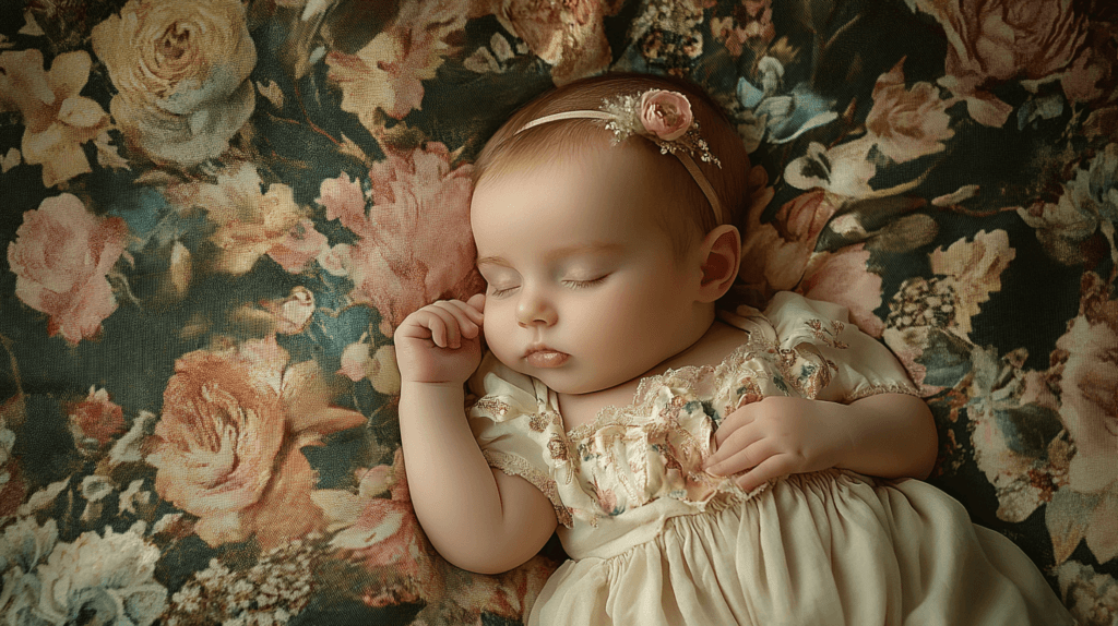 baby names for girls; baby on a floral background