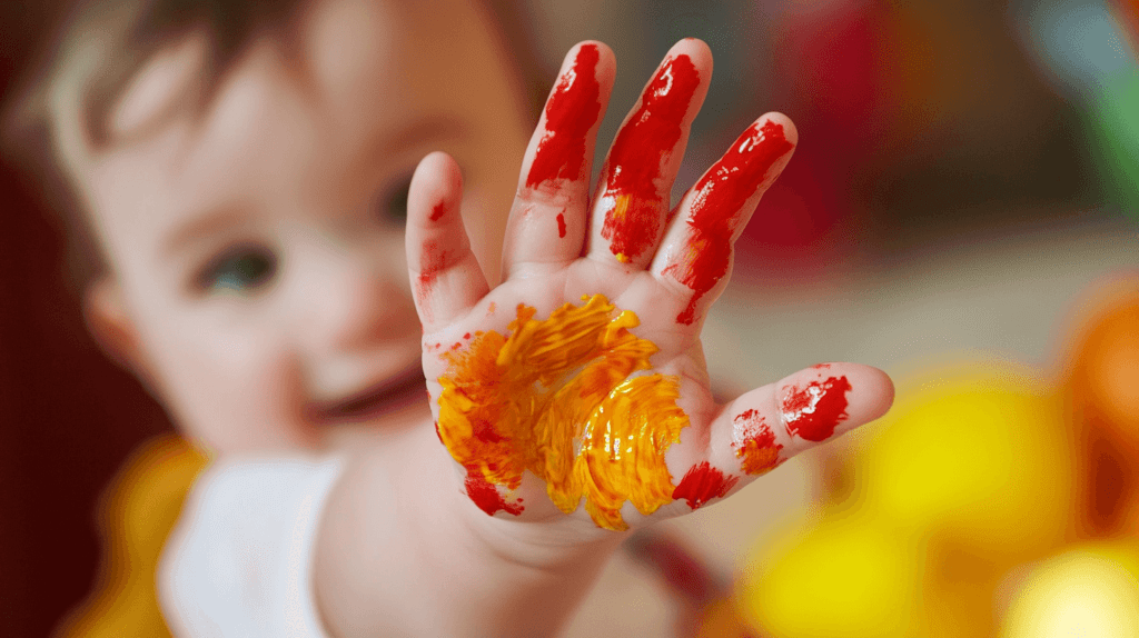 baby's hand with palm covered in paint