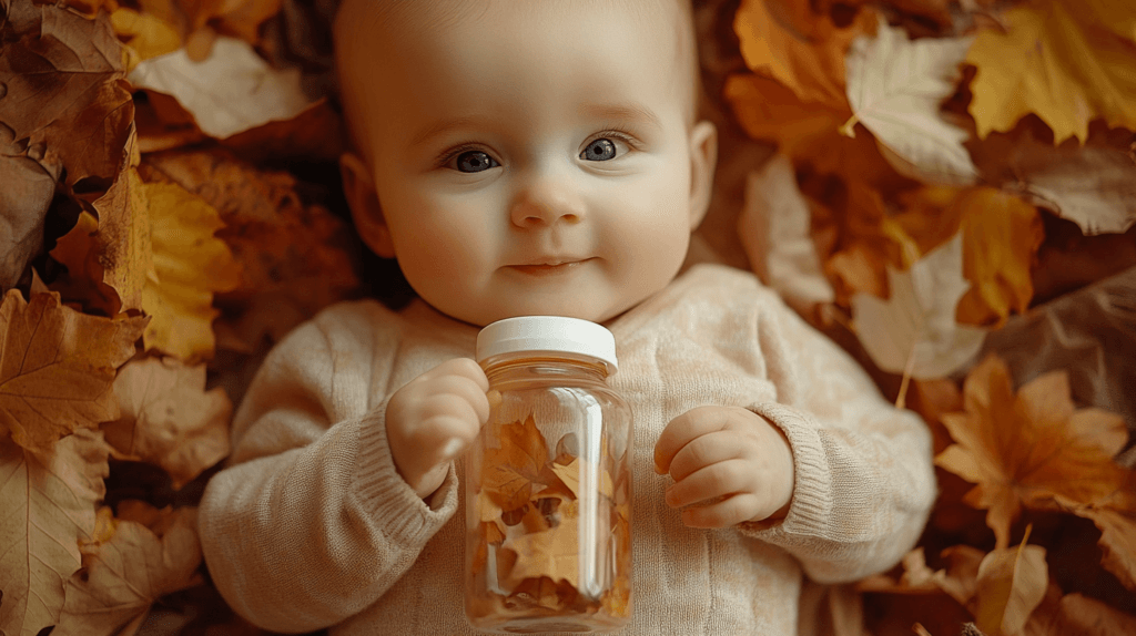 baby holding a plastic bottle with fall leaves inside