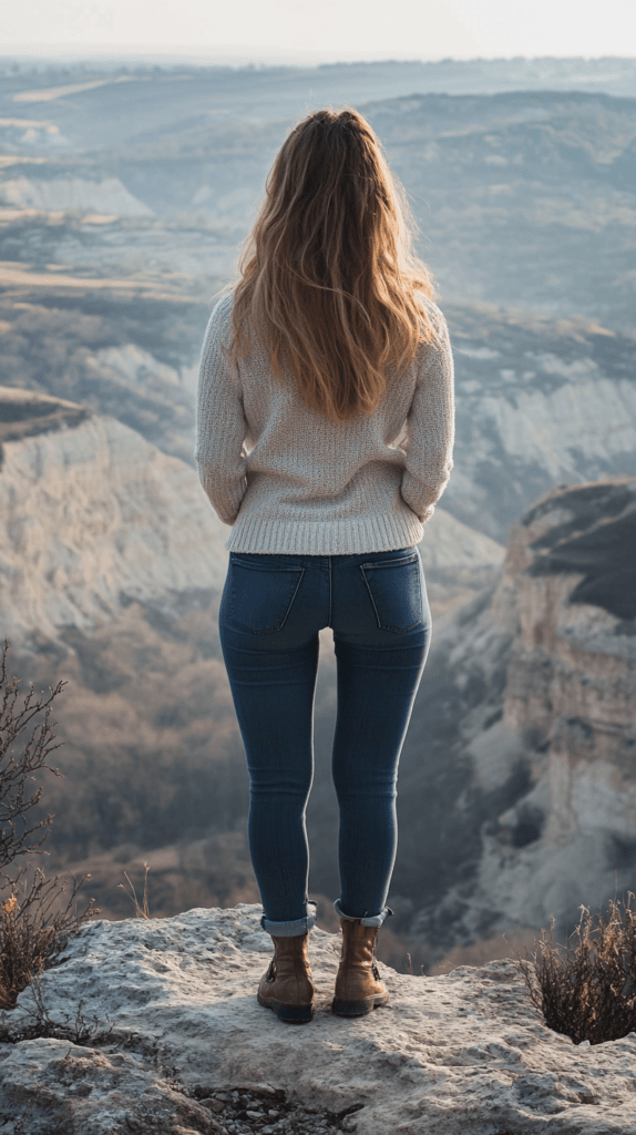 Realistic photo of a woman standing alone in a scenic area, using a remote shutter to capture herself in a relaxed, candid moment, wearing a casual outfit and smiling at the view. travel photography ideas

