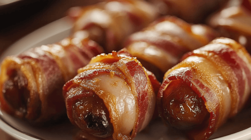 Realistic photo of bacon-wrapped dates on a serving platter, each date with a crisp golden-brown bacon wrap. Thanksgiving appetizers

