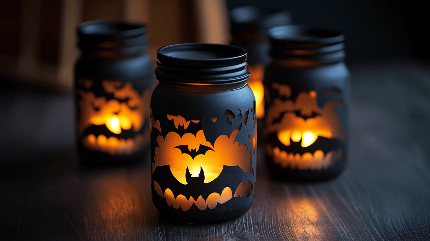 realistic photo of mason jar lanterns covered with black matte paint stenciled with bat silhouettes, softly glowing from battery-operated candles inside, placed on a dark wooden table; Halloween crafting