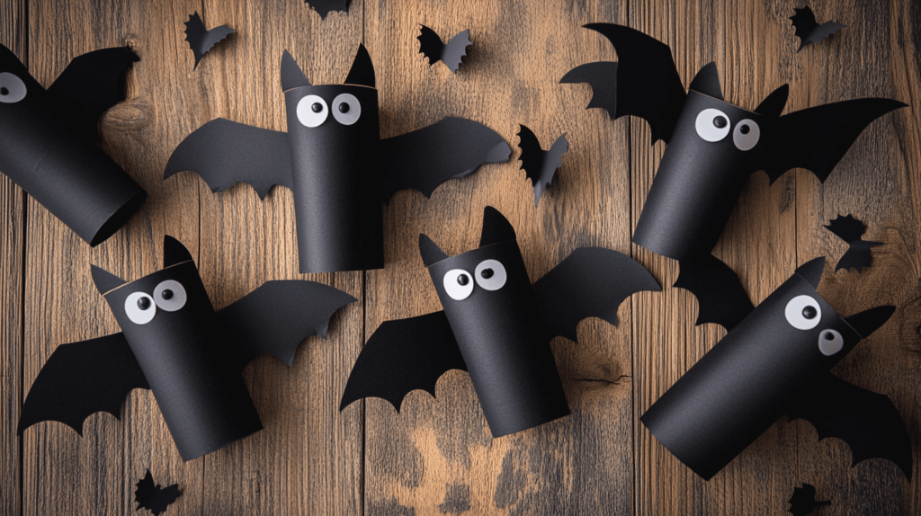 realistic photo of DIY standard-sized toilet paper roll bats painted black, with googly eyes and paper wings, arranged on a wooden table; Halloween crafting