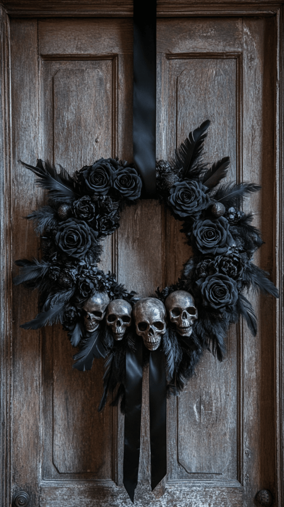 realistic photo of a black gothic wreath made with dark roses, black feathers, and small skulls, hanging on a rustic wooden door, with a satin black ribbon at the top