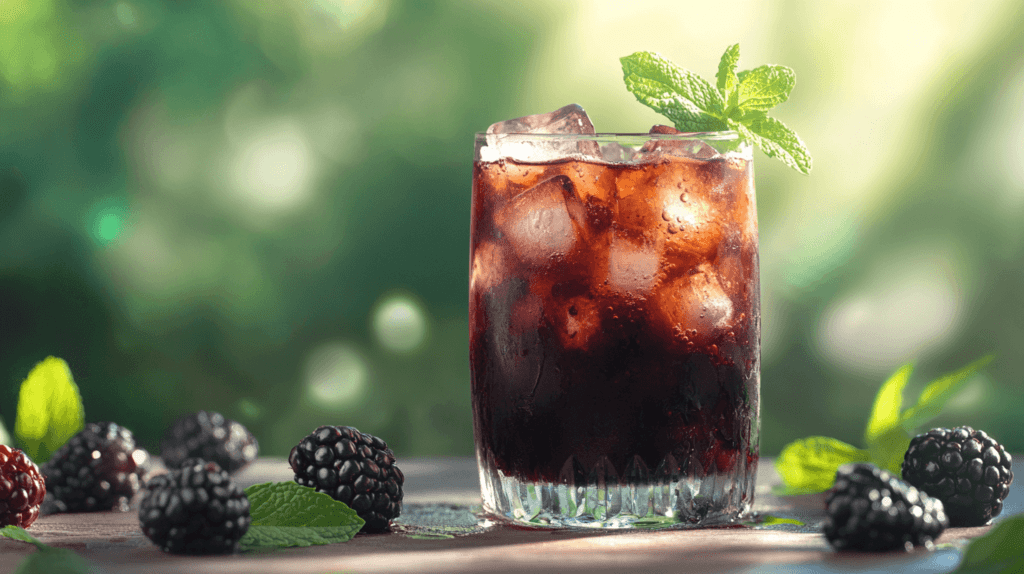 Realistic photo of a Black Widow Smash in a highball glass, featuring muddled blackberries and mint, with black rum and a splash of club soda, topped with ice and fresh mint leaves