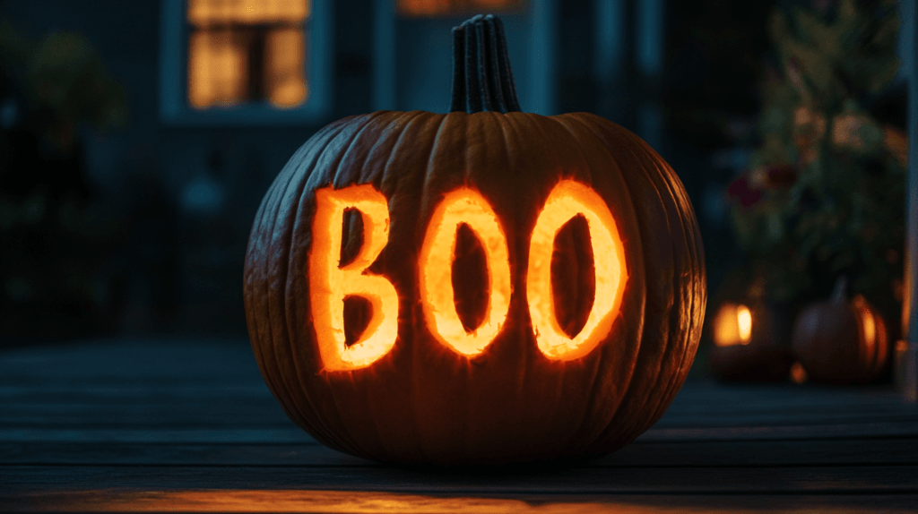 Boo carved into a jack-o-lantern