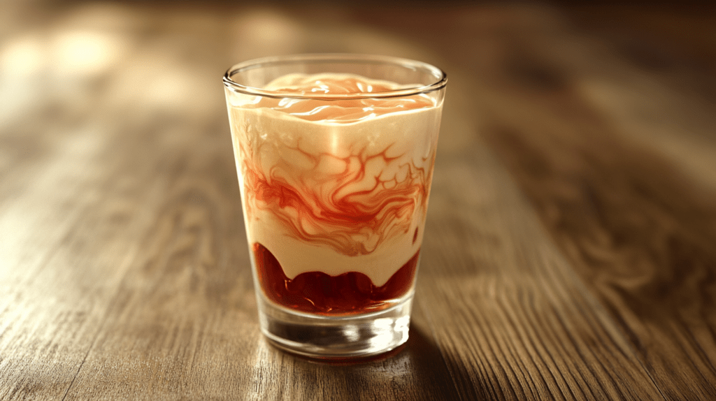 Realistic photo of a Zombie Brain shot in a clear shot glass, with peach schnapps, Bailey’s Irish Cream floating in a brain-like effect, and a small splash of red grenadine for a blood-like appearance.






