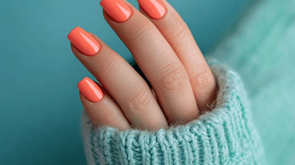 A bright coral manicure on a female hand, nails are short and square-cut.
