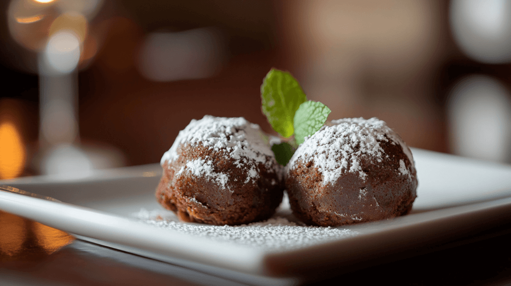 Realistic photo of two rich, fudgy brownie bites dusted with powdered sugar, arranged on a small white plate, with a sprig of mint for garnish. 