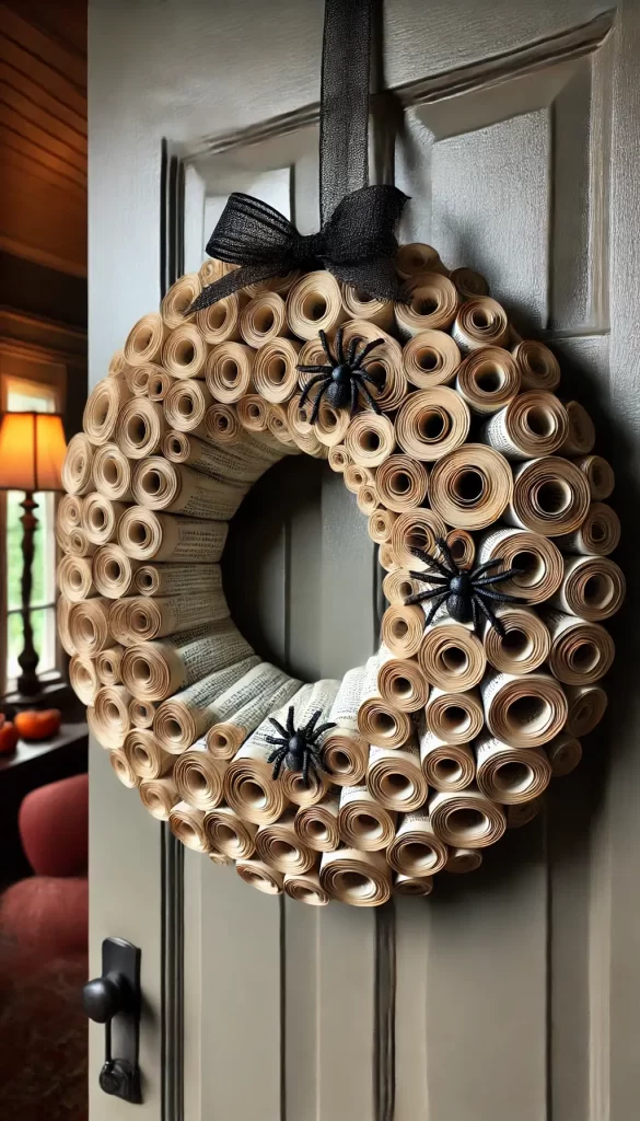 wreath made of old book pages hanging on the door