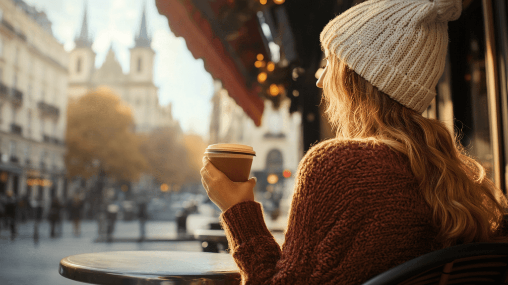 Realistic photo of a woman holding a cup of coffee at an outdoor café with a view of a famous landmark in the background, capturing a candid travel vibe.

