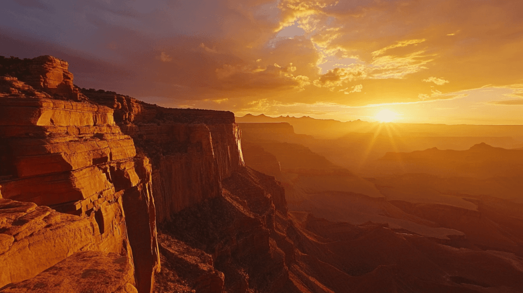 Realistic photo of the Grand Canyon at sunset with dramatic shadows over the red cliffs.
