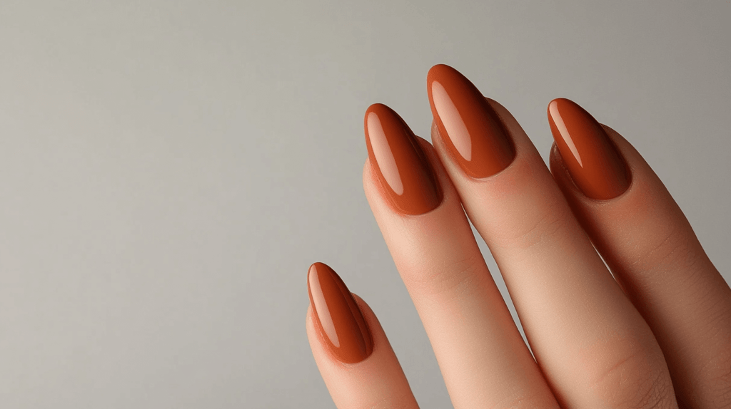 caramel brown nail colors on a female hand, four fingers showing, no thumb visible