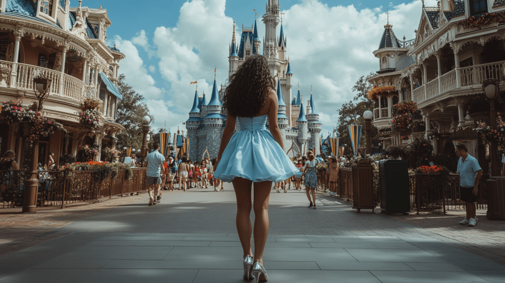 Realistic photo of a woman at Disney parks, Disney bounding as Cinderella. She’s wearing a light blue dress and silver flats, standing in front of Cinderella’s Castle at Magic Kingdom, surrounded by visitors and the magical landscape. 