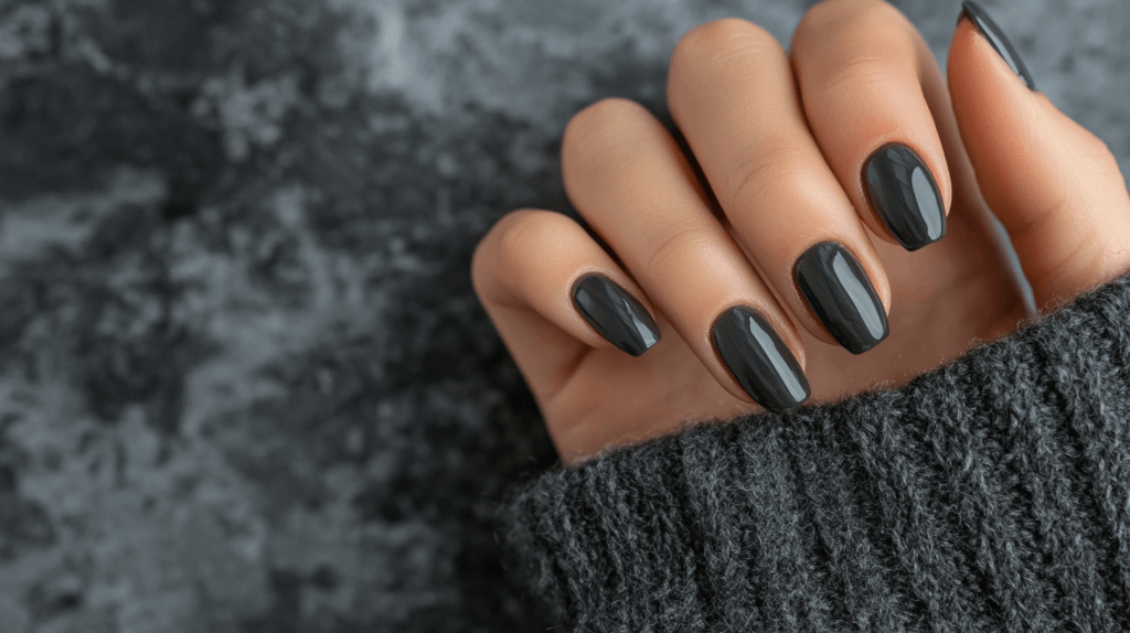 A charcoal grey manicure on a female hand, nails are medium-length and cleanly cut.
