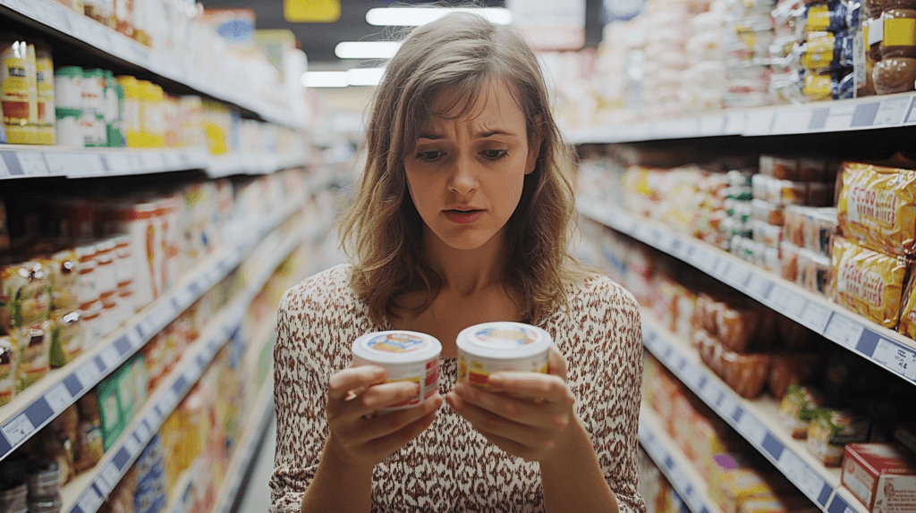 Realistic photo of a woman shopping in a grocery store, holding two similar products side by side, comparing prices with a focus on the cost per item, surrounded by shelves filled with both store brands and name-brand items.