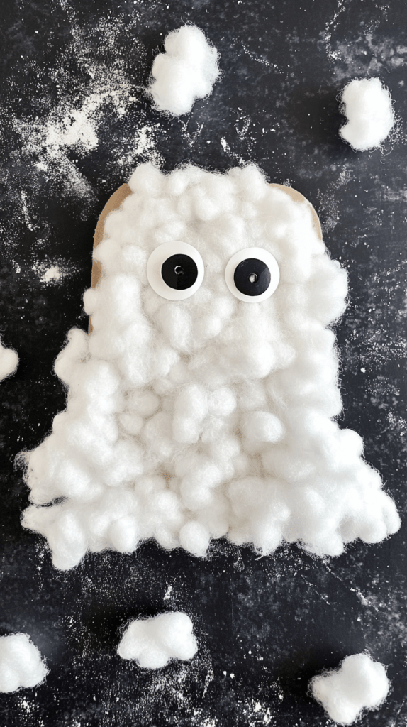 photo of a flat cardboard ghost shape covered in white cotton balls with two googly eyes 