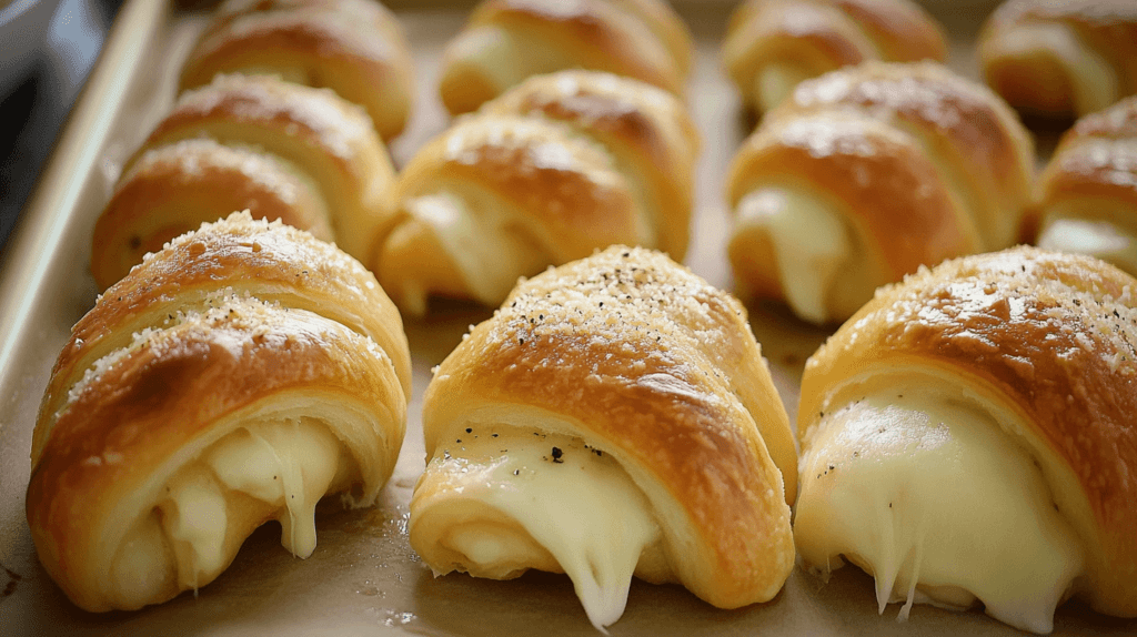 Realistic photo of crescent roll-ups on a baking tray, each wrapped around cheese, with golden, flaky crust.

