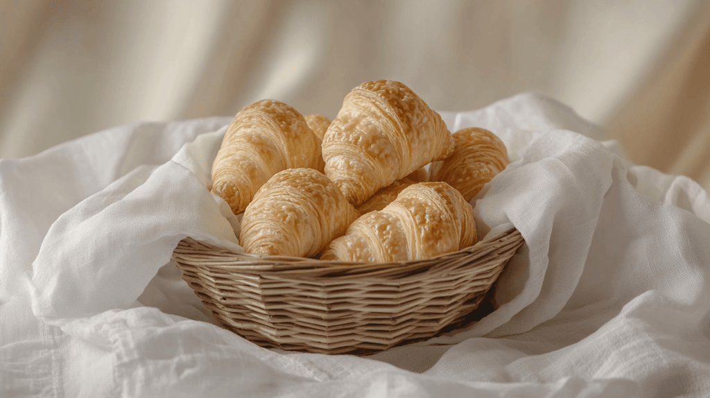 Realistic photo of freshly baked mini croissants, golden and flaky, placed in a woven basket with a white cloth underneath.