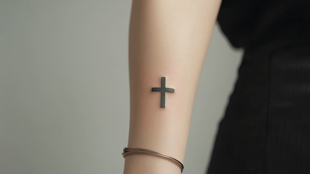 cross tattooed on the forearm of a woman