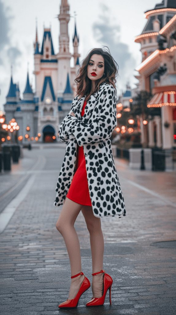 photo of a casual Disney bound outfit inspired by Cruella de Vil, featuring a woman wearing a black and white spotted coat, a red dress, and bold red heels, standing in front of Disney’s Main Street with the castle subtly blurred in the background to emphasize the outfit's chic and villainous style.