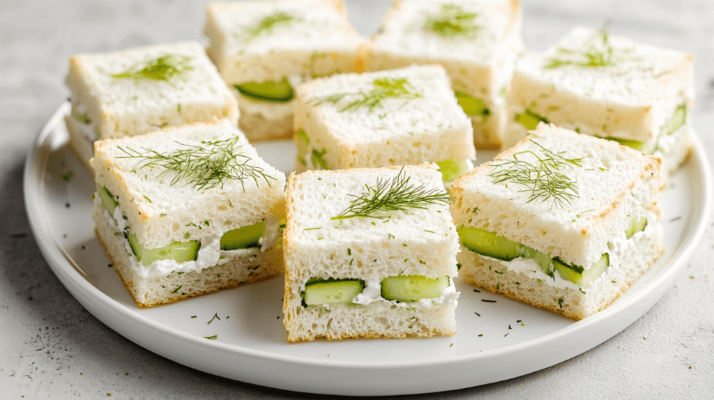 Realistic photo of mini cucumber and cream cheese sandwiches on white bread, neatly cut into small squares with the crusts removed, arranged elegantly on a white plate with a light sprinkle of fresh dill. Tea party finger foods.